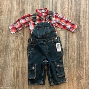 Old Navy Jean Overalls and Flanel Shirt